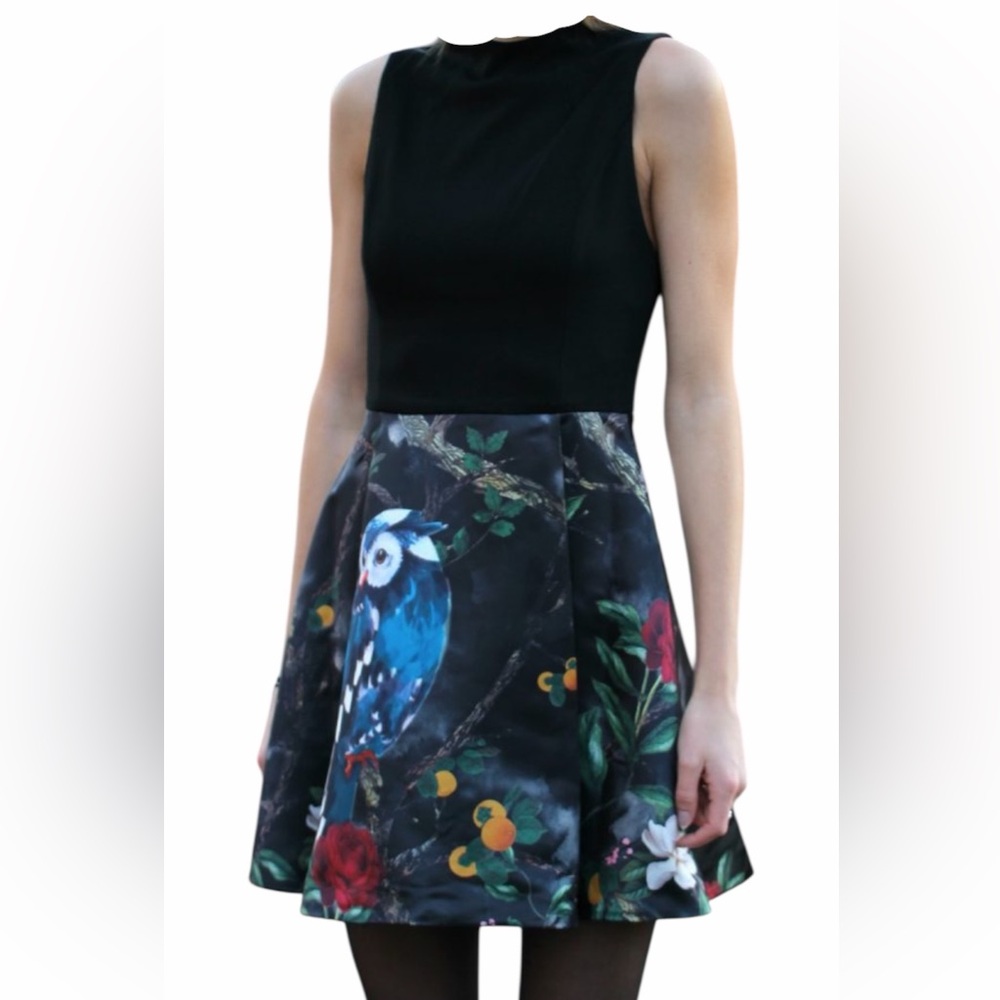 Alice + Olivia ~Amabel Box Pleat Floral Owl Bird Dress in 0